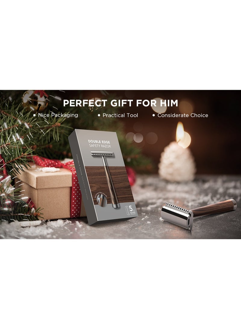 Double Edge Safety Razor | Faux Wood Zinc Alloy Handle | 5 Swiss Stainless Steel Blades | Heavy Duty Comfortable Shaving | Gift Packed - Image 2