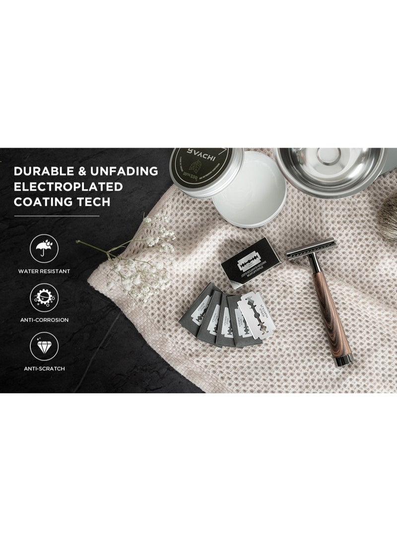 Double Edge Safety Razor | Faux Wood Zinc Alloy Handle | 5 Swiss Stainless Steel Blades | Heavy Duty Comfortable Shaving | Gift Packed - Image 4