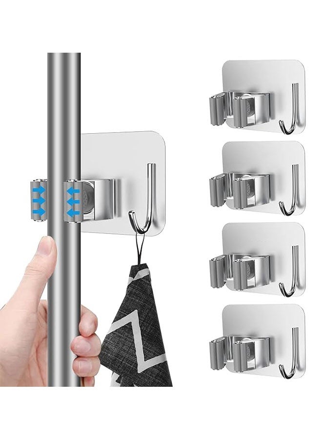 304 Stainless Steel Mop Holder, Mop Broom Organizer Wall Mounted Heavy Duty with Hooks Hanger, Mop Broom Organizer for Bathroom, Office, Kitchen, Closet, Garage, Silver, 4 Pcs ﻿  - Image 1