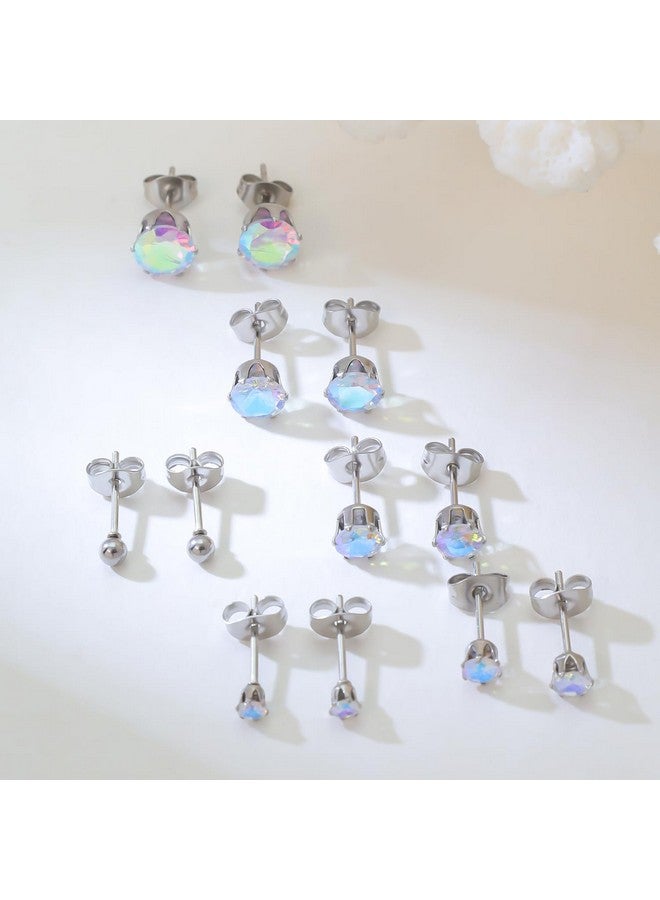 Niche-Finds 5 Pairs Of Surgical Stainless Steel Aurora Borealis Crystal Cz Stud Earrings 3,4,5,6, & 7Mm - Image 2