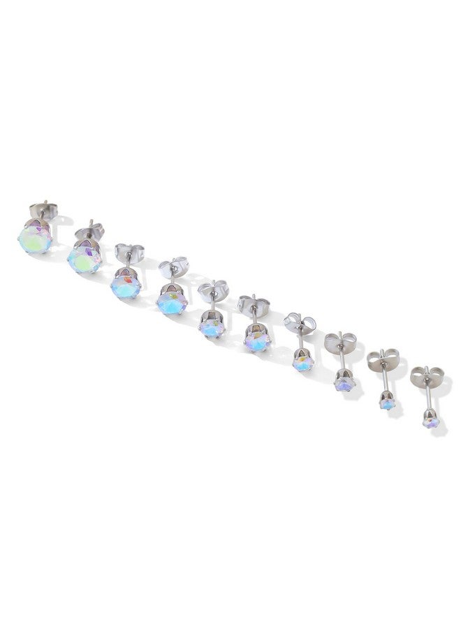 Niche-Finds 5 Pairs Of Surgical Stainless Steel Aurora Borealis Crystal Cz Stud Earrings 3,4,5,6, & 7Mm - Image 1