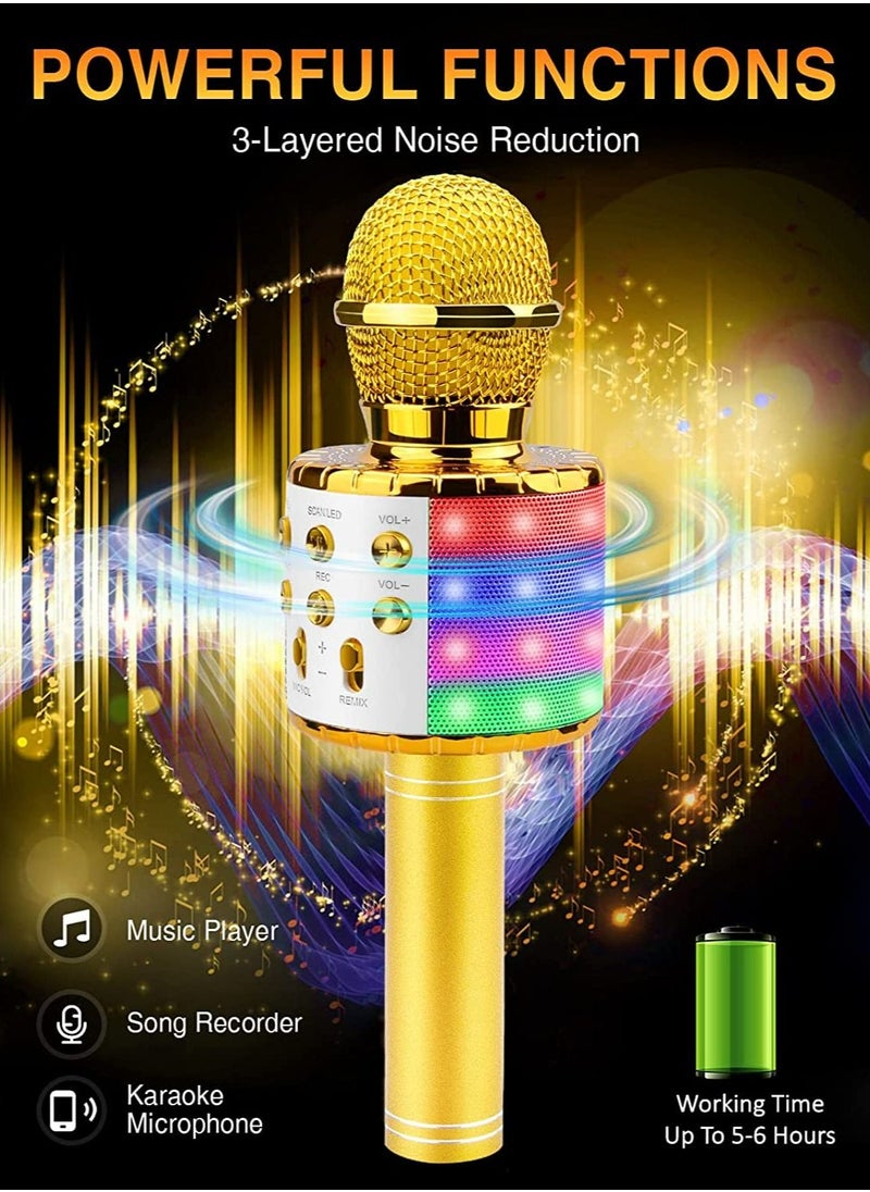 JOLLITY LLC - Karaoke Microphone Bluetooth for Children Dance LED Lights Wireless Portable with Speaker Recording for Adults and Children Compatible with Android iOS PC Golden - Image 1