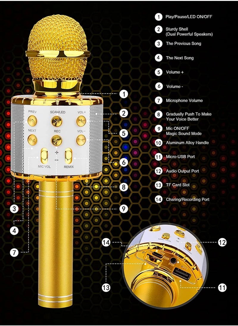 JOLLITY LLC - Karaoke Microphone Bluetooth for Children Dance LED Lights Wireless Portable with Speaker Recording for Adults and Children Compatible with Android iOS PC Golden - Image 1