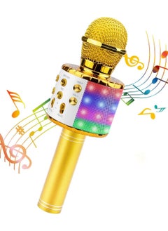 Karaoke Microphone Bluetooth for Children Dance LED Lights Wireless Portable with Speaker Recording for Adults and Children Compatible with Android iOS PC Golden