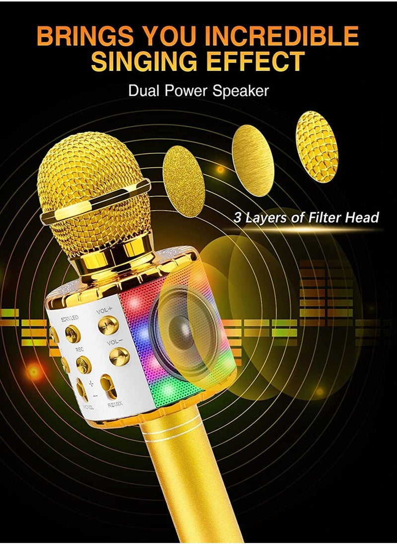 JOLLITY LLC - Karaoke Microphone Bluetooth for Children Dance LED Lights Wireless Portable with Speaker Recording for Adults and Children Compatible with Android iOS PC Golden - Image 1