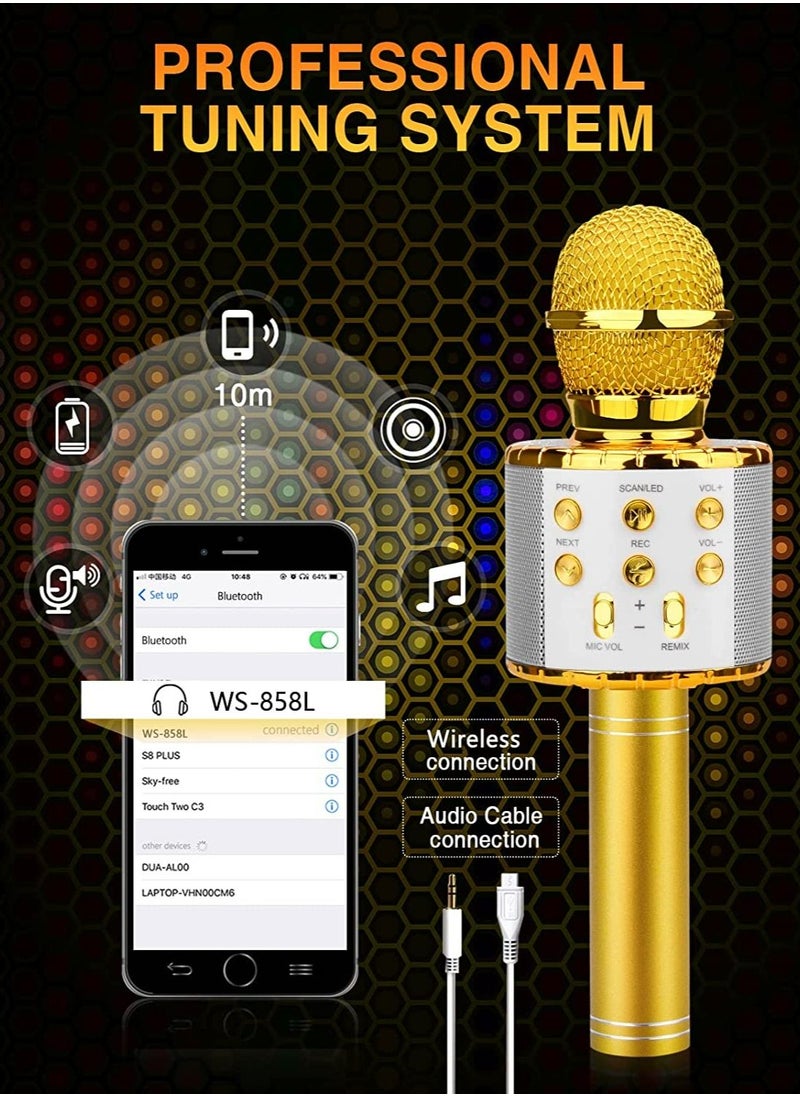JOLLITY LLC - Karaoke Microphone Bluetooth for Children Dance LED Lights Wireless Portable with Speaker Recording for Adults and Children Compatible with Android iOS PC Golden - Image 1