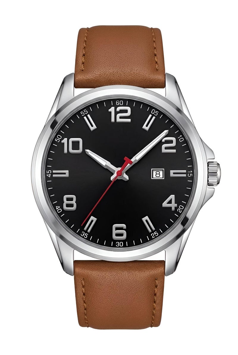 Men's quartz wristwatch with a polished steel case, multicolor leather strap, slim and elegant design, clear date display, suitable for daily wear and special occasions.