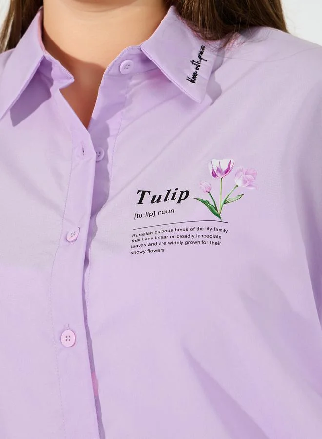 Styli Plus Size Oversized Shirt with Embroidered Collar Detail