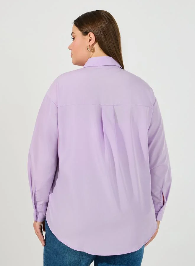 Styli Plus Size Oversized Shirt with Embroidered Collar Detail