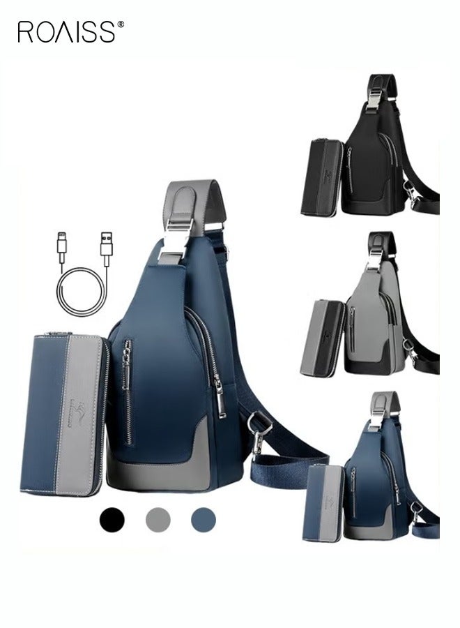 roaiss 2-Piece Waterproof Chest Bag and Fashion Long Wallet Set Crossbody Shoulder Backpack with USB Charging Port for Short Business Trips and Travel Blue/Grey  - Image 1