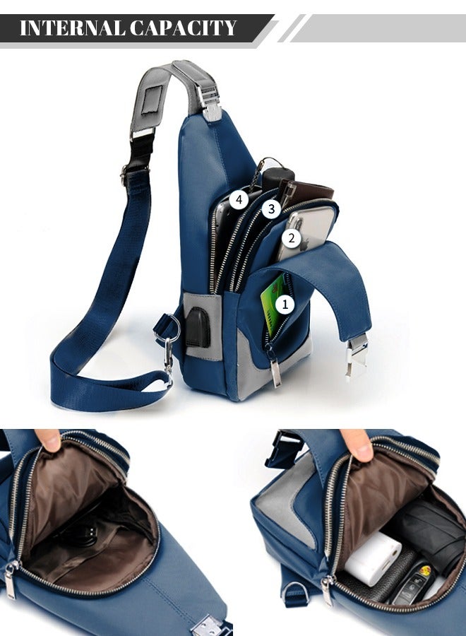 roaiss 2-Piece Waterproof Chest Bag and Fashion Long Wallet Set Crossbody Shoulder Backpack with USB Charging Port for Short Business Trips and Travel Blue/Grey  - Image 4