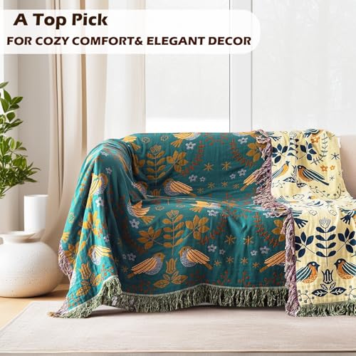 VANJOROY Boho Throw Blanket 100 Organic Cotton Breathable Ultra Soft 80 x 90 Bed Quilt Throw Floral Rustic Bird Farmhouse Decor Luxury Reversible Blanket for Sofa Couch Chair and GiftTealBeige - Image 3