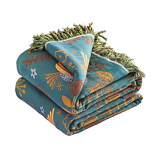 VANJOROY Boho Throw Blanket 100 Organic Cotton Breathable Ultra Soft 80 x 90 Bed Quilt Throw Floral Rustic Bird Farmhouse Decor Luxury Reversible Blanket for Sofa Couch Chair and GiftTealBeige - Image 1