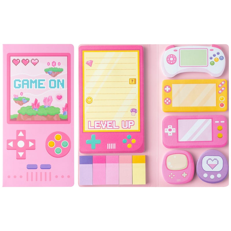 B1ykin Cute Sticky Notes Set - Level Up Video Game Shaped Self-Stick Notes Pad, 550 Sheets Writing Memo Pages Sticky Notepad for Teacher Appreciation Gifts, School Office Supplies (Pink Video Game) - Image 1