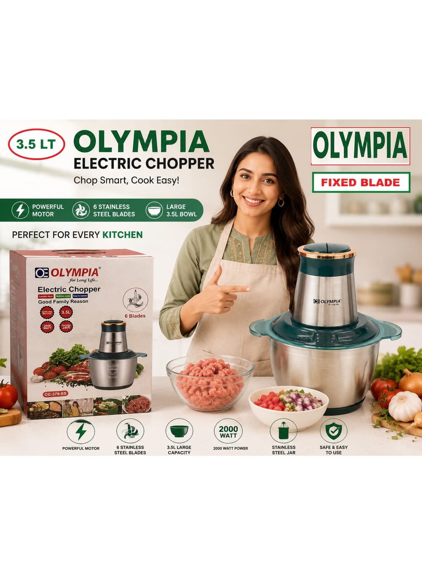Olympia Stainless Steel Electric Chopper – Multi-Purpose Kitchen Food Processor 3.5L Designed for versatility and durability, this electric chopper handles everything from vegetables and fruits to meat and herbs. The stainless steel bowl resists stains and odors, while the powerful motor and sharp blades provide smooth, consistent results for everyday cooking needs.