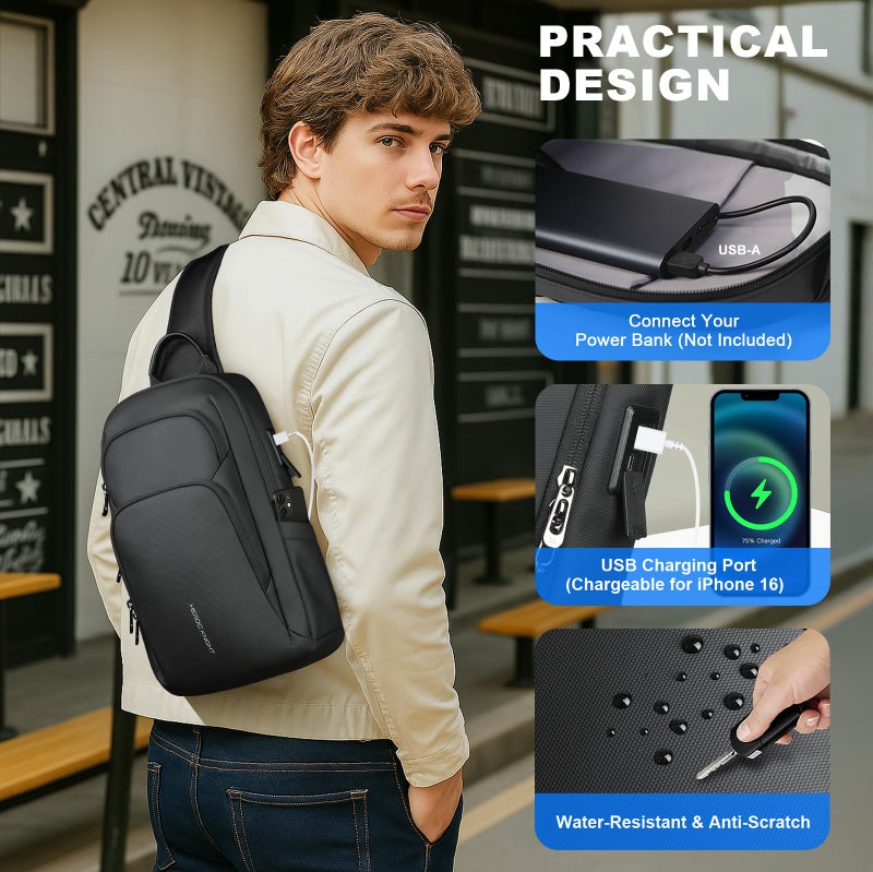 hk Sling Bag for Men with water bottles â€“ Lightweight Waterproof Crossbody Bag with Tablet Pocket, Small Anti Theft Shoulder Bag with USB Charging Port for Daily Commute and Travel - Image 4