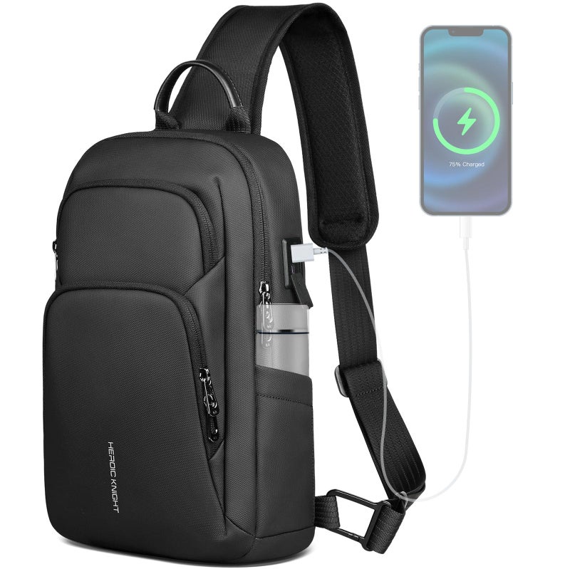 hk Sling Bag for Men with water bottles â€“ Lightweight Waterproof Crossbody Bag with Tablet Pocket, Small Anti Theft Shoulder Bag with USB Charging Port for Daily Commute and Travel - Image 1