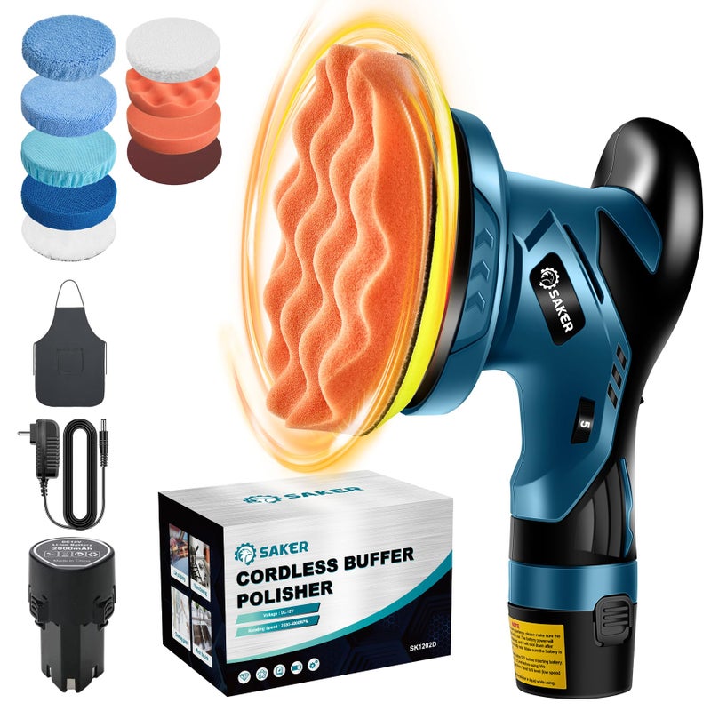 Saker Mini Cordless Buffer Polisher 6 Inch Portable Polishing Machine Kit for Car Detailing with 1PC 12V 2000mAh Rechargeable Battery extra 10 PCS Attachments
