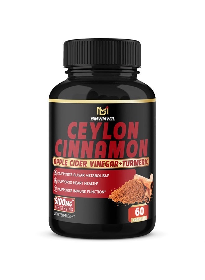 Ceylon Cinnamon Capsules - 5100mg Herbal Supplement - High Potency with Apple Cider Vinegar, Turmeric, Ginseng, Berberine - Antioxidant Support