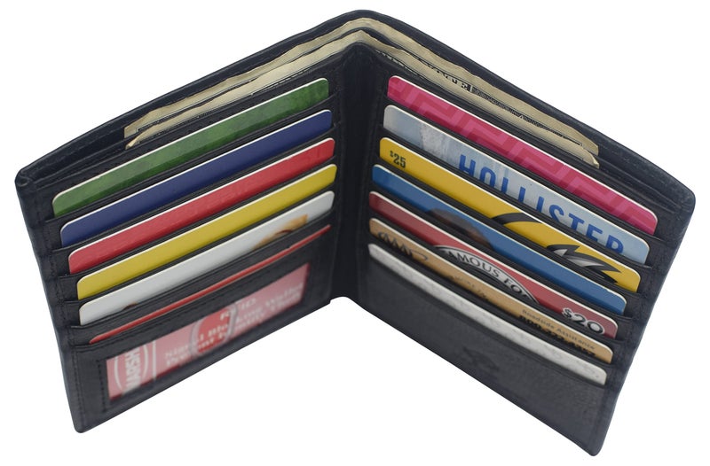 Marshal New Premium Lambskin Leather Bifold Hipster Credit Card Wallet (Black) - Image 1