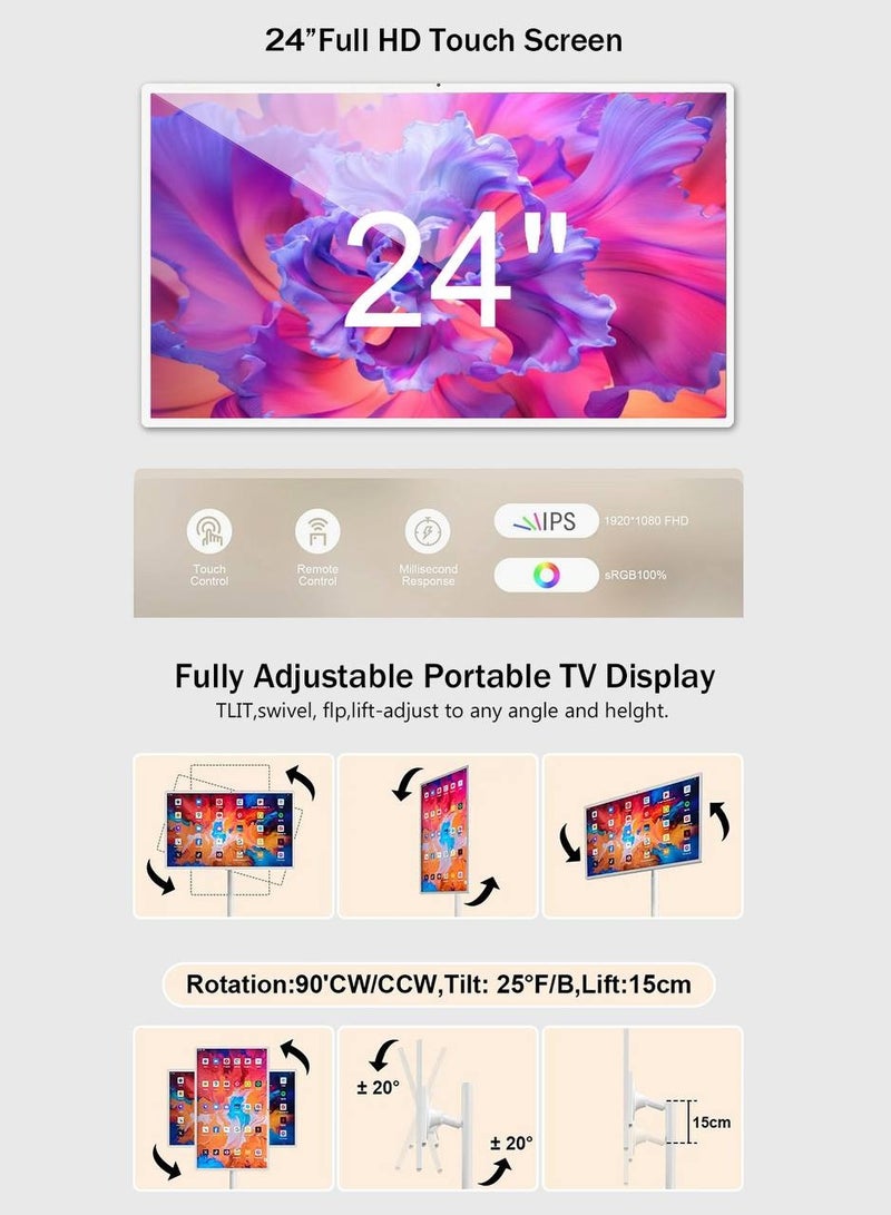 Smart 24 Inch Portable TV with Adjustable Floor Touch Screen Smart TV,8G RAM+128G Storage,10000Amh Battery 8H Video Play Time,White  - Image 2