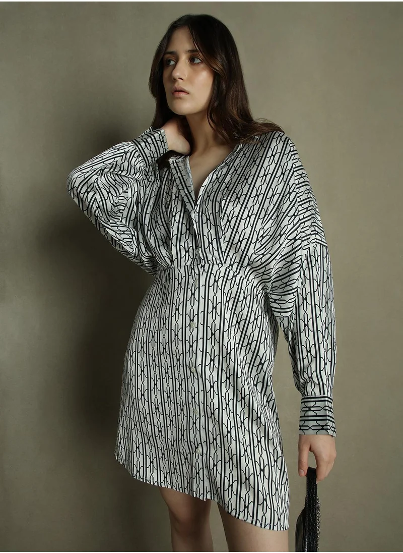Dennis Lingo Women's Black Satin Crepe Printed Relaxed Fit Dress