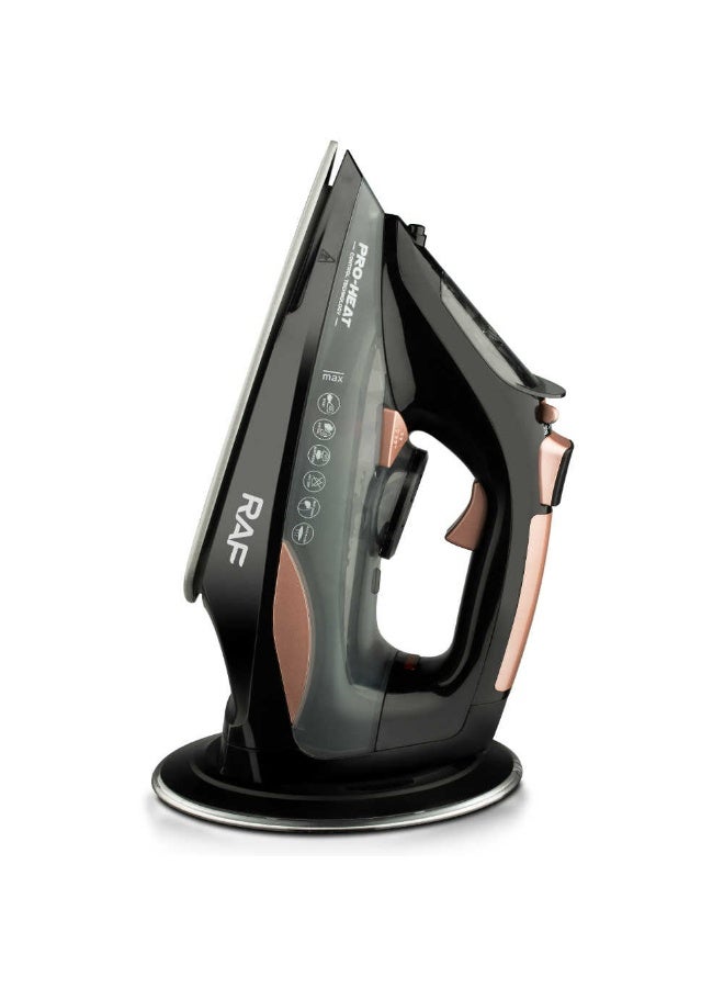 آر إيه أف مكواة بخار لاسلكية RAF R1388 – مكواة هجينة بقوة 2400 واط مع قاعدة سيراميكية، بخار عمودي، مؤشر LED ووظيفة التنظيف الذاتي – خزان مياه بسعة 350 مل - Image 4