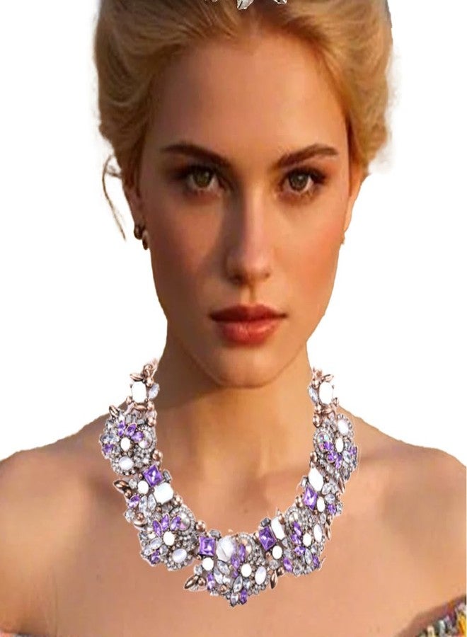 Zthread Bib Statement Necklace Colorful Glass Crystal Collar Choker Necklace for Women Fashion Accessories (Purple + White) - Image 3