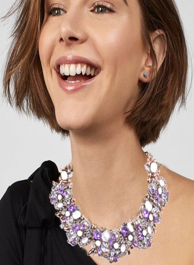 Zthread Bib Statement Necklace Colorful Glass Crystal Collar Choker Necklace for Women Fashion Accessories (Purple + White) - Image 2