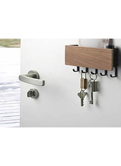 Thoraya Wooden Key Holder Mail Organizer 5 Hooks Drilling Free Wall Mounted Key Holder Storage Shelf Walnut Wood Color  - Image 5