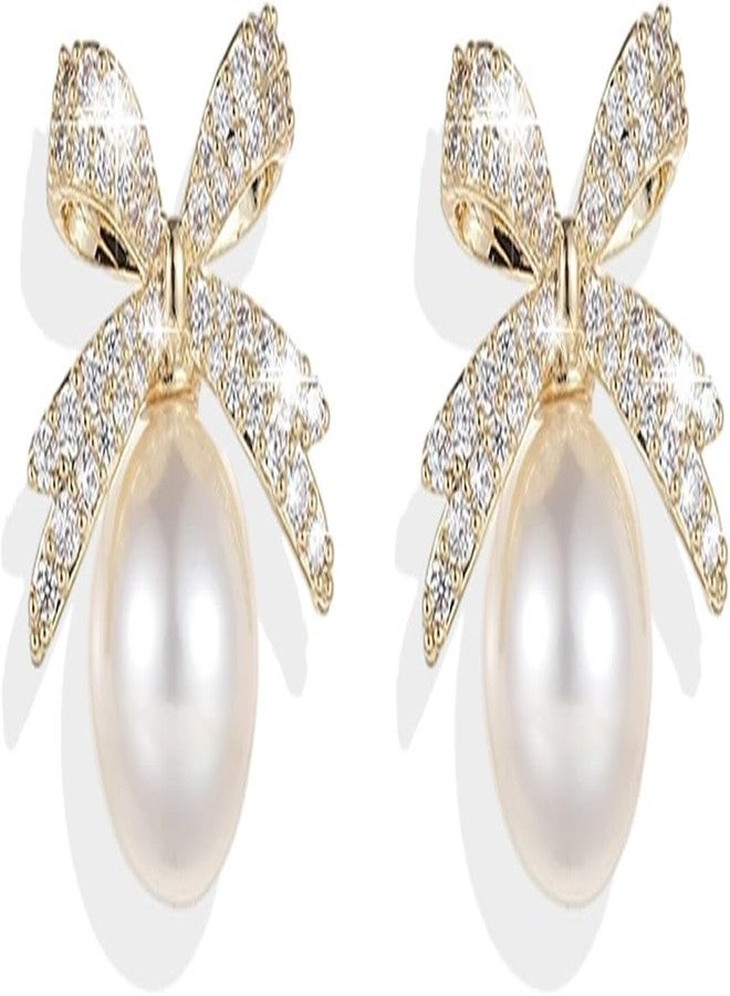 ecozran Dainty Pearl Bow Earrings Pearl Bow Stud Earrings Rhinestone Bow Stud Earrings Christmas Party Holiday Jewelry Gifts for Women (Gold Bow-J) - Image 1