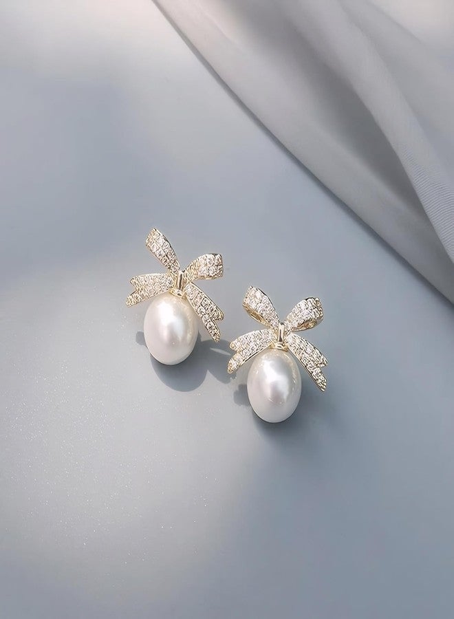 ecozran Dainty Pearl Bow Earrings Pearl Bow Stud Earrings Rhinestone Bow Stud Earrings Christmas Party Holiday Jewelry Gifts for Women (Gold Bow-J) - Image 4