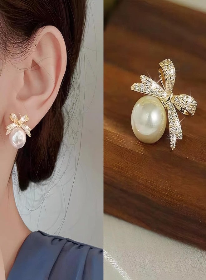ecozran Dainty Pearl Bow Earrings Pearl Bow Stud Earrings Rhinestone Bow Stud Earrings Christmas Party Holiday Jewelry Gifts for Women (Gold Bow-J) - Image 3