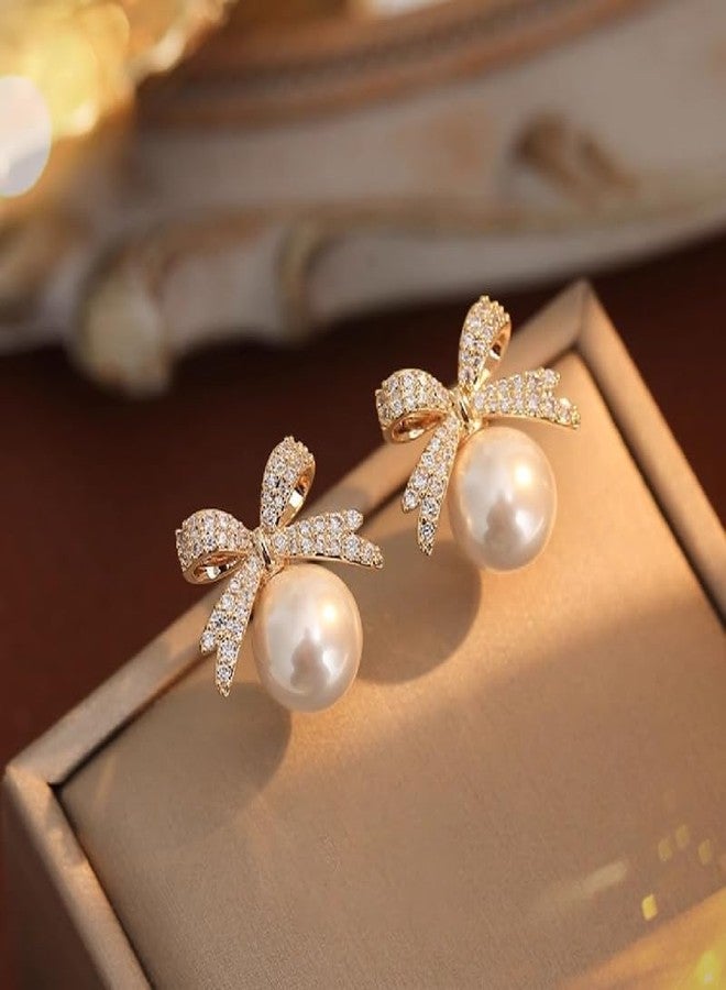 ecozran Dainty Pearl Bow Earrings Pearl Bow Stud Earrings Rhinestone Bow Stud Earrings Christmas Party Holiday Jewelry Gifts for Women (Gold Bow-J) - Image 2
