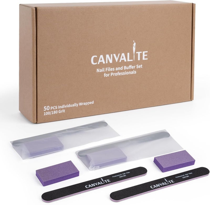 Canvalite Professional Foam Emery Boards with Mini Buffer Block, Individually-Wrapped Disposable, 100/180 Grit Double-Sided Manicure Nail File, 7" L x .75" W 50-Count - Image 1