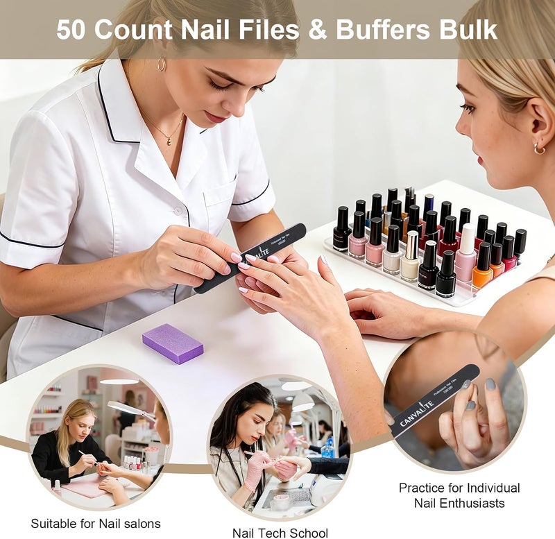 Canvalite Professional Foam Emery Boards with Mini Buffer Block, Individually-Wrapped Disposable, 100/180 Grit Double-Sided Manicure Nail File, 7" L x .75" W 50-Count - Image 2