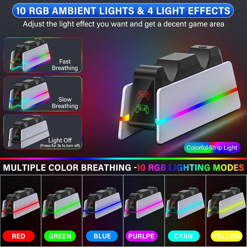 يسماكس محطة شحن لوحدات تحكم PS5 مع 9 أضواء RGB ملونة، قاعدة شحن سريعة وحامل لوحدات تحكم PS5/Slim/Pro - Image 2