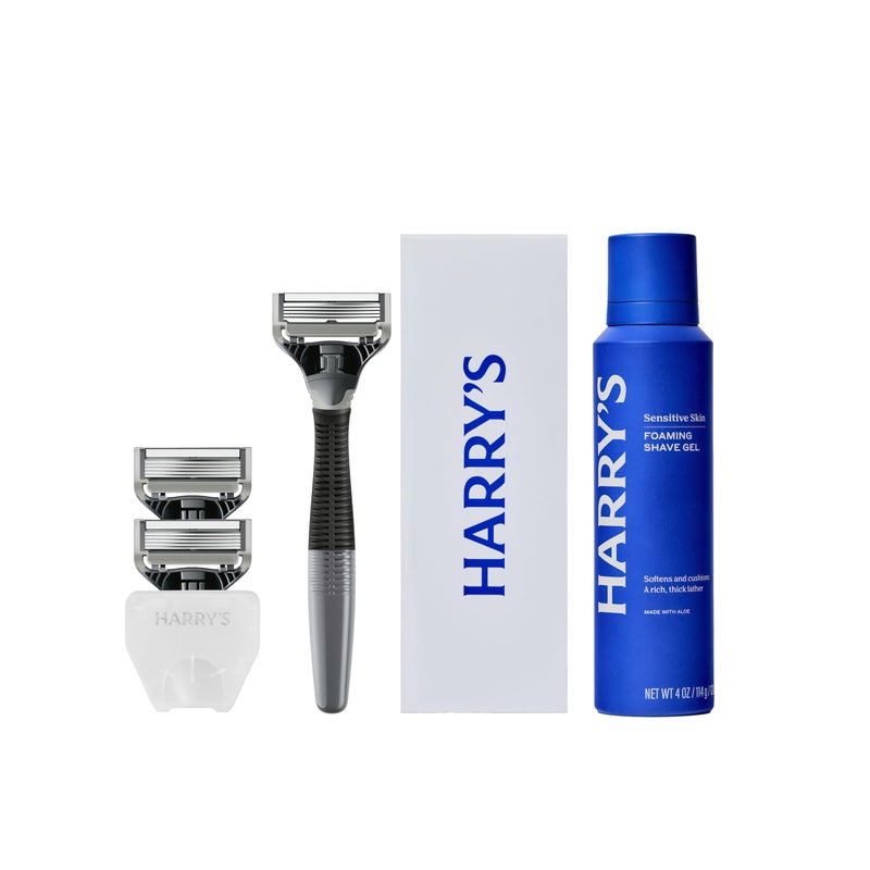 Harrys Shaving Kit for Men  Razor Handle 3 Razor Blade Refills Foaming Shave Gel and Travel Blade Cover  Charcoal