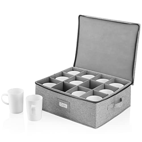 STOZU Cup Storage Container - 16" x 13" x 6"H - Holds 12 Coffee Cups - Tea Cups - Mugs - Hard Shell and Stackable - Includes Insert Card for Labeling and Padded Dividers - Image 1