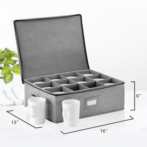 STOZU Cup Storage Container - 16" x 13" x 6"H - Holds 12 Coffee Cups - Tea Cups - Mugs - Hard Shell and Stackable - Includes Insert Card for Labeling and Padded Dividers - Image 3