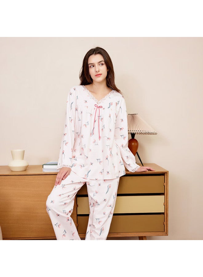 MEIBIAO American Standard New Spring And Autumn Pure Cotton Women's Long Sleeve Pajamas Pullover 100% Cotton Homewear Set Light Pink L - Image 4