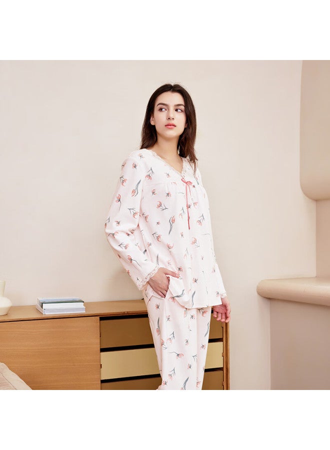 MEIBIAO American Standard New Spring And Autumn Pure Cotton Women's Long Sleeve Pajamas Pullover 100% Cotton Homewear Set Light Pink L - Image 5