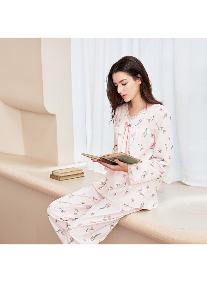 MEIBIAO American Standard New Spring And Autumn Pure Cotton Women's Long Sleeve Pajamas Pullover 100% Cotton Homewear Set Light Pink L - Image 1