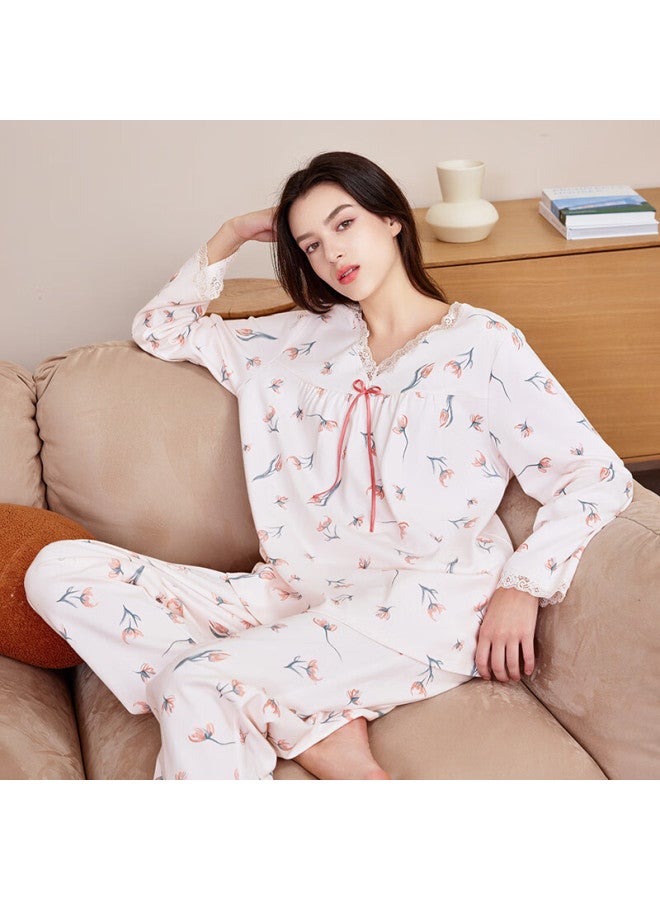 MEIBIAO American Standard New Spring And Autumn Pure Cotton Women's Long Sleeve Pajamas Pullover 100% Cotton Homewear Set Light Pink L - Image 2