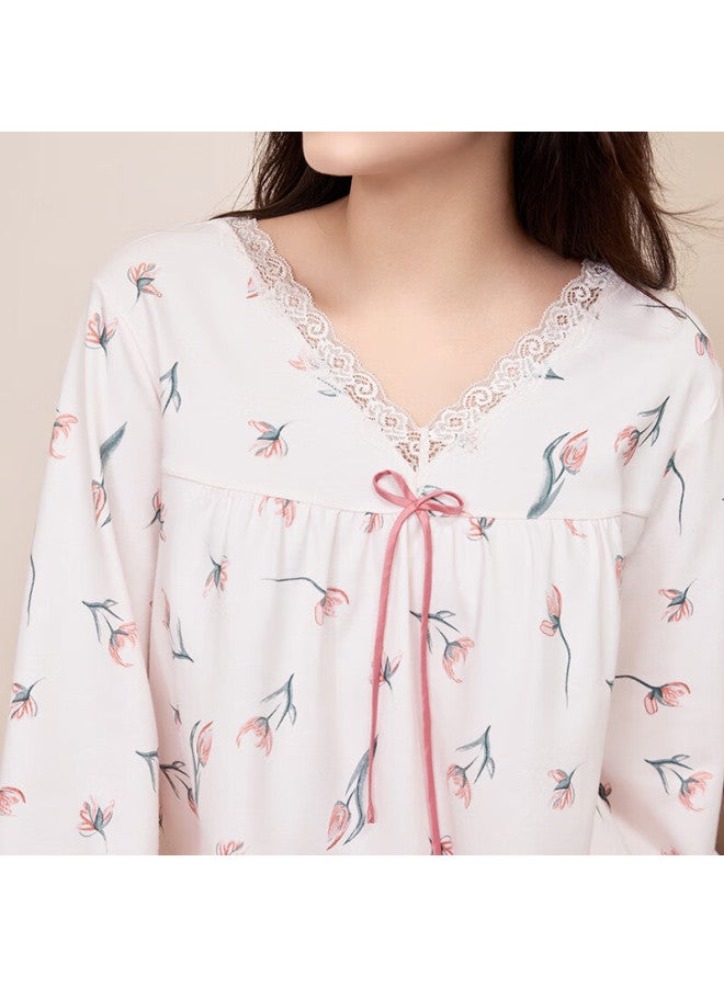 MEIBIAO American Standard New Spring And Autumn Pure Cotton Women's Long Sleeve Pajamas Pullover 100% Cotton Homewear Set Light Pink L - Image 3