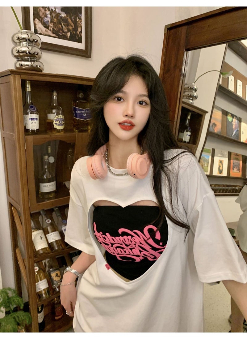Generic - Vintage American Style Womens Plus Size Cotton T-Shirt Short Sleeves Crew Neck Heart Hollow Out Top 2-Piece Set White t-shirt + tube top - Image 1