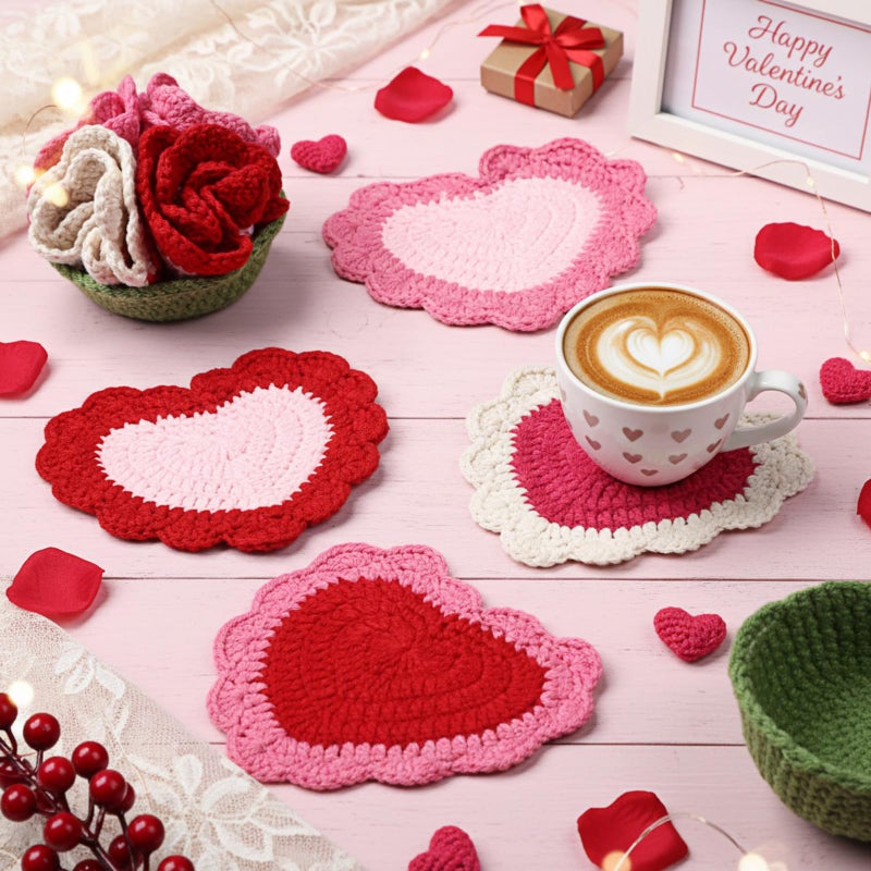SmoothNovelty 10 Pcs Valentine's Day Heart Crochet Coasters Set Handmade Cute Crochet Coaster with Flower Holder Soft Decorative Pink Red Cup Mat Housewarming Gift for Home Bar Valentine Desk Decor - Image 2