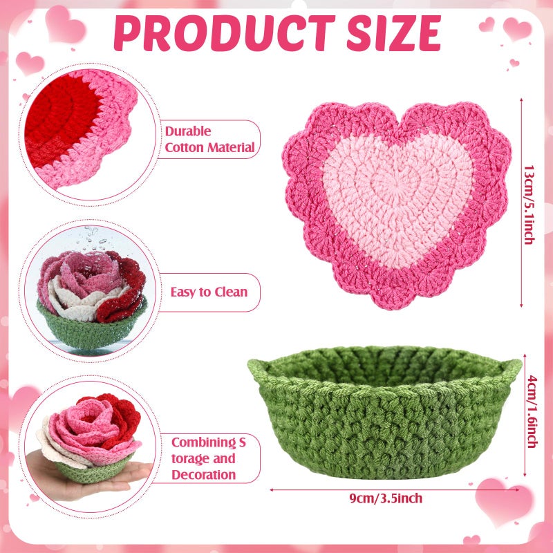 SmoothNovelty 10 Pcs Valentine's Day Heart Crochet Coasters Set Handmade Cute Crochet Coaster with Flower Holder Soft Decorative Pink Red Cup Mat Housewarming Gift for Home Bar Valentine Desk Decor - Image 3
