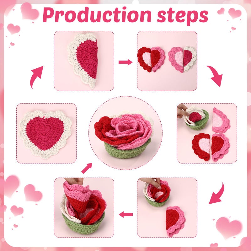 SmoothNovelty 10 Pcs Valentine's Day Heart Crochet Coasters Set Handmade Cute Crochet Coaster with Flower Holder Soft Decorative Pink Red Cup Mat Housewarming Gift for Home Bar Valentine Desk Decor - Image 4