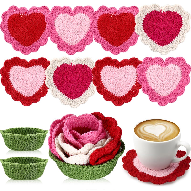 SmoothNovelty 10 Pcs Valentine's Day Heart Crochet Coasters Set Handmade Cute Crochet Coaster with Flower Holder Soft Decorative Pink Red Cup Mat Housewarming Gift for Home Bar Valentine Desk Decor - Image 1